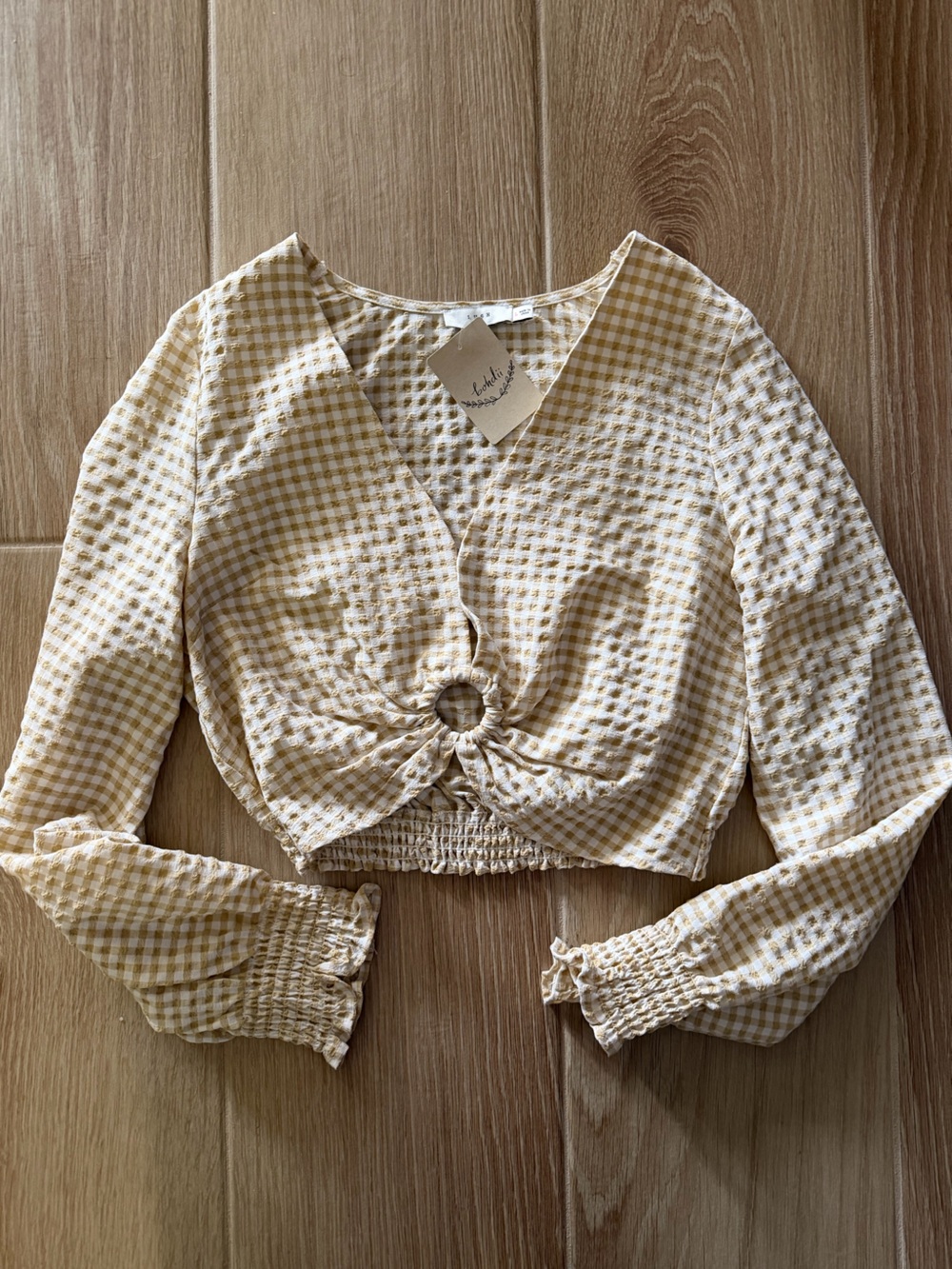 Lush Tan Gingham Tie-Front Crop Top